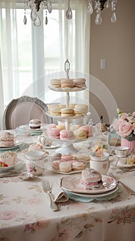 Luxurious high tea party in a classic elegant interior with sweets and tea, tablescape, tea table setting. Generative Ai