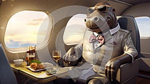 Luxurious Hippo In Plane: Realistic And Hyper-detailed Frogcore Caricature