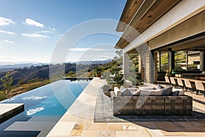 Luxurious home. Extravagant outdoor space with a spacious patio, infinity pool, lush landscaping, and stunning vistas.