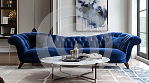 luxurious home furnishings, a chic blue velvet sofa for a luxurious touch in your living room, enhancing the elegance of