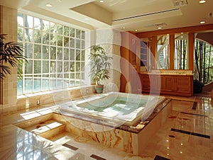 Luxurious Home Interior with Elegant Marble Jacuzzi Bath, Sunlit Large Windows and Lush Greenery