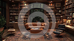 Luxurious home library, leather couch, reading, night, study
