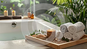 A luxurious home spa bath setup with rolled white towels, lit candles, and natural elements, creating a tranquil