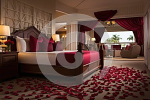 luxurious honeymoon suite with rose petals scattered on a bed