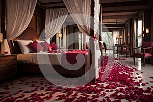 luxurious honeymoon suite with rose petals scattered on a bed