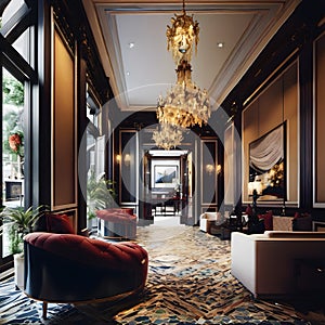 Luxurious Hotel Lobby with Elegant Chandeliers photo