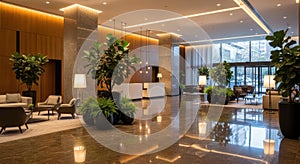 Luxurious hotel lobby interior with modern design elegant seating and greenery