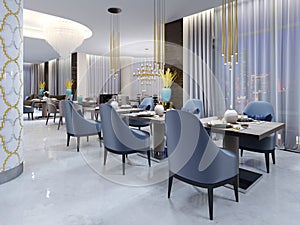 Luxurious hotel restaurant in modern style with colorful furniture