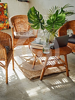 Luxurious hotel room with bamboo interior and sunshine