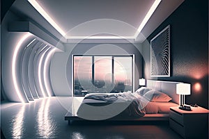 Luxurious Hotel Room, Bedroom Interior with a Large Window, Generative AI Illustration