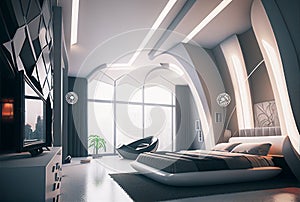 Luxurious Hotel Room, Bedroom Interior with a Large Window, Generative AI Illustration