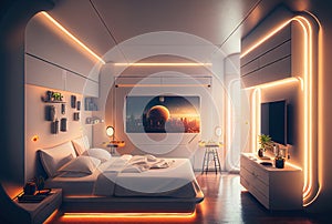 Luxurious Hotel Room, Bedroom Interior with a Large Window, Generative AI Illustration