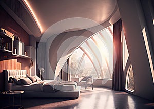 Luxurious Hotel Room, Bedroom Interior with a Large Window, Generative AI Illustration