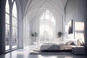 Luxurious Hotel Room, Bedroom Interior with a Large Window, Generative AI Illustration