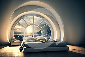 Luxurious Hotel Room, Bedroom Interior with a Large Window, Generative AI Illustration