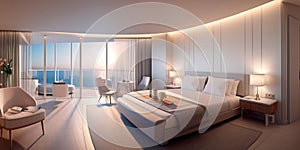 luxurious hotel room with a comfortable bed, a large window and an elegant design. Generative AI