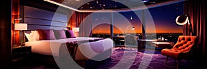 luxurious hotel room with a comfortable bed, a large window and an elegant design. Generative AI