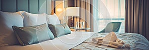 luxurious hotel room with a comfortable bed, a large window and an elegant design. Generative AI