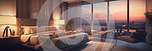 luxurious hotel room with a comfortable bed, a large window and an elegant design. Generative AI