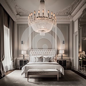 A luxurious hotel room with elegant furnishings