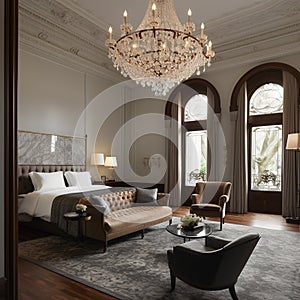 A luxurious hotel room with elegant furnishings