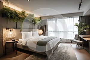 luxurious hotel room, with indoor plants and greenery creating a serene and tranquil atmosphere