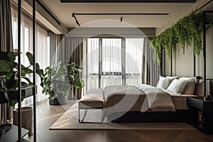 luxurious hotel room, with indoor plants and greenery creating a serene and tranquil atmosphere