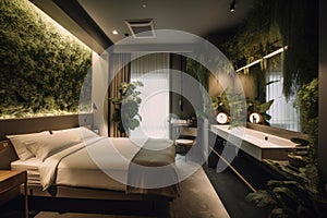 luxurious hotel room, with indoor plants and greenery creating a serene and tranquil atmosphere