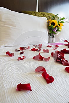 Luxurious hotel room with a king-size bed adorned with rose petals, for a wedding night