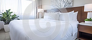 Luxurious hotel room with king size bed and white linens