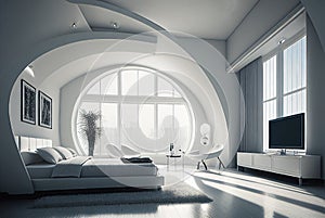 Luxurious Hotel Room, Modern Interior with a Large Window, Generative AI Illustration