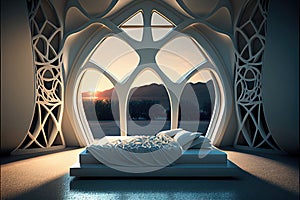 Luxurious Hotel Room, Modern Interior with a Large Window, Generative AI Illustration