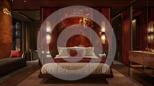 Luxurious Hotel Room with Red and Gold Decor in VRAY Style