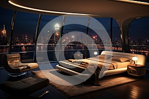 Luxurious hotel suite, 3D rendered with a stunning night city panorama