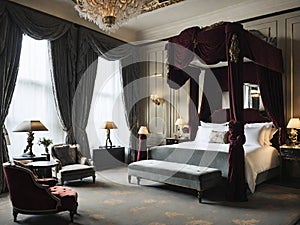 A luxurious hotel suite with a grand four-poster bed, plush velvet curtains, and a marble fireplace.