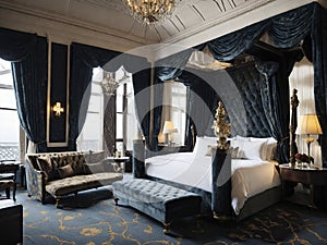 A luxurious hotel suite with a grand four-poster bed, plush velvet curtains, and a marble fireplace.