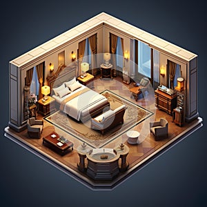 Luxurious Hotel Suite lavish 3D isometric perspective of an opulent hotel suite with plush AI Genera