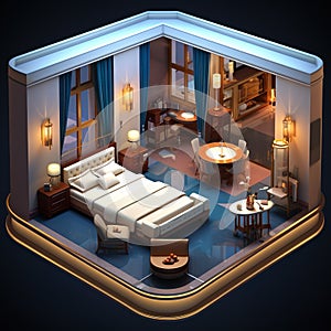 Luxurious Hotel Suite lavish 3D isometric perspective of an opulent hotel suite with plush AI Genera