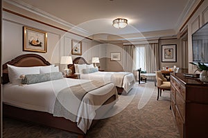 luxurious hotel suite with plush beds, luxurious linens, and room service