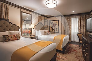 luxurious hotel suite with plush beds, luxurious linens, and room service