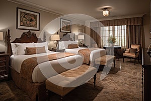 luxurious hotel suite with plush beds, luxurious linens, and room service