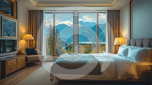 A luxurious hotel suite, with plush furnishings, modern amenities, and breathtaking views of the surrounding landscape