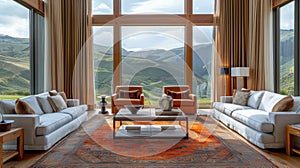 A luxurious hotel suite, with plush furnishings, modern amenities, and breathtaking views of the surrounding landscape