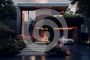 Luxurious house with beautiful garden. Modern glass villa exterior