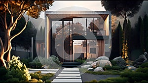 Luxurious house with beautiful garden. Modern glass villa exterior. Contemporary villa house design