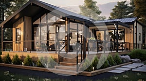 luxurious house design shown with a simple porch, in the style of modular design, dark bronze and light beig