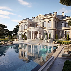 Luxurious House With Pool in Front. Generative AI.
