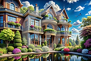 Luxurious houses, gardens, and reflection pool sunny day