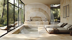 Luxurious indoor spa with pool, loungers, and garden view, showcasing beige stone design photo