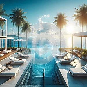 Luxurious Infinity Pool Overlooking Tropical Ocean Sunset